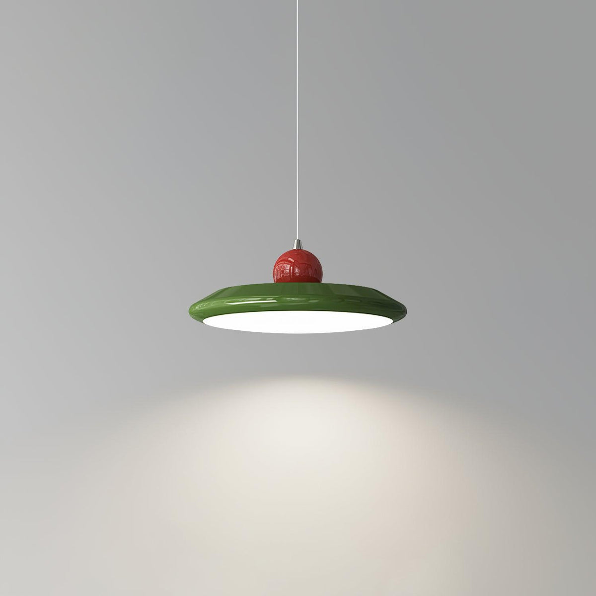 White Disc Shade Pendant Lamp With Integrated Led Green Trim