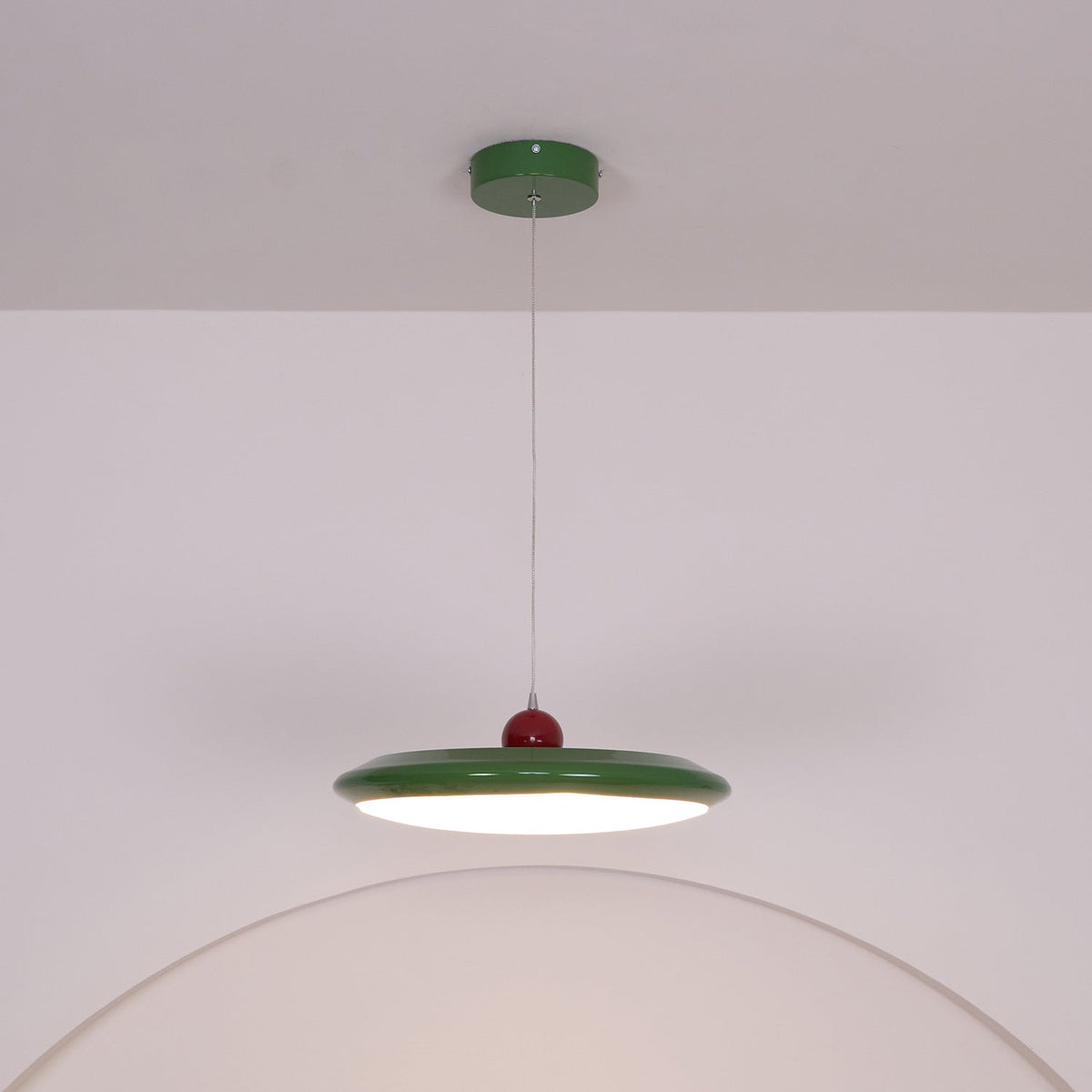 White Disc Shade Pendant Lamp With Integrated Led Green Trim