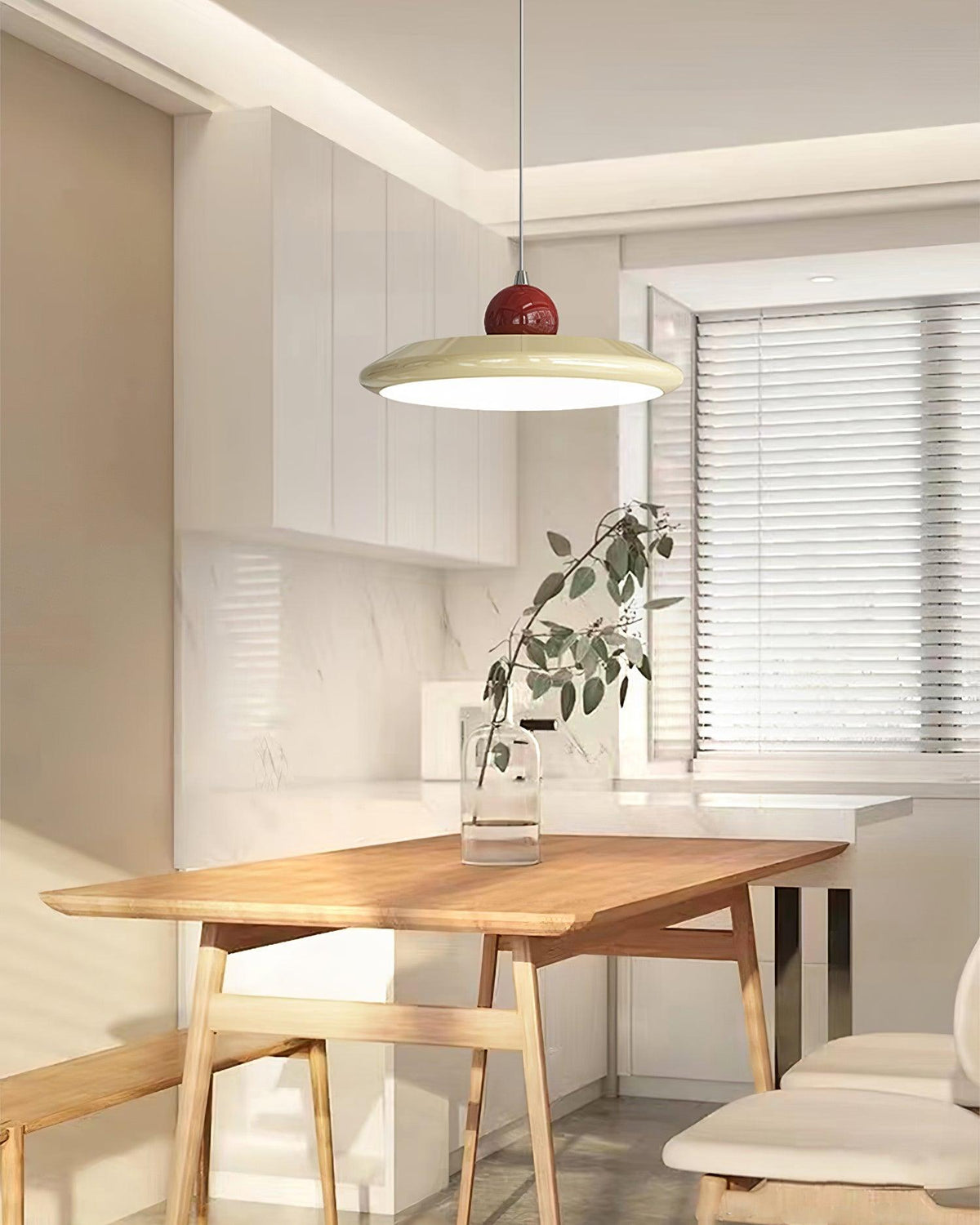 White Disc Shade Pendant Lamp With Integrated Led Green Trim
