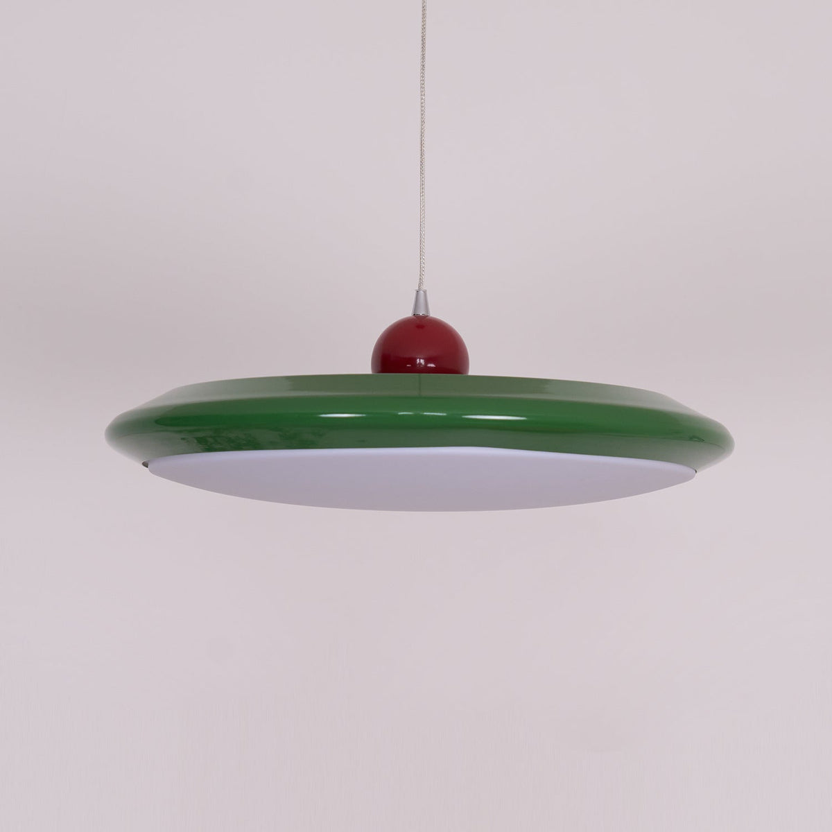 White Disc Shade Pendant Lamp With Integrated Led Green Trim