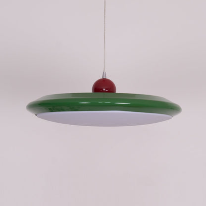 White Disc Shade Pendant Lamp With Integrated Led Green Trim
