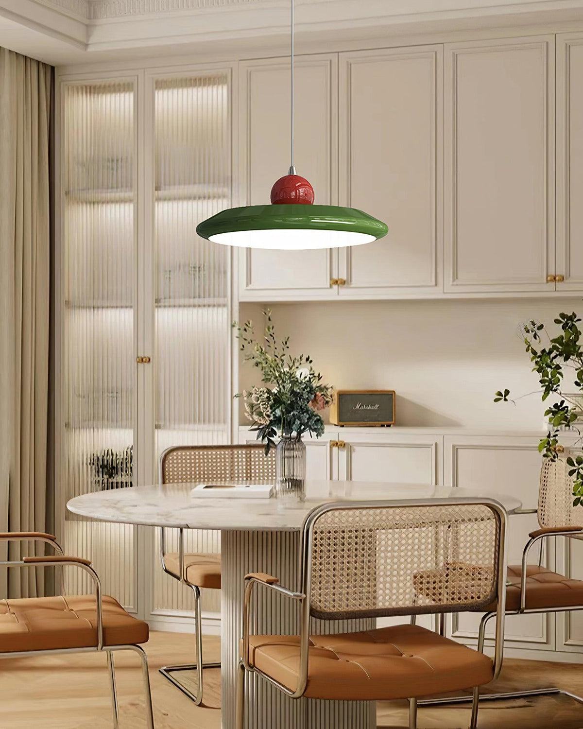 White Disc Shade Pendant Lamp With Integrated Led Green Trim