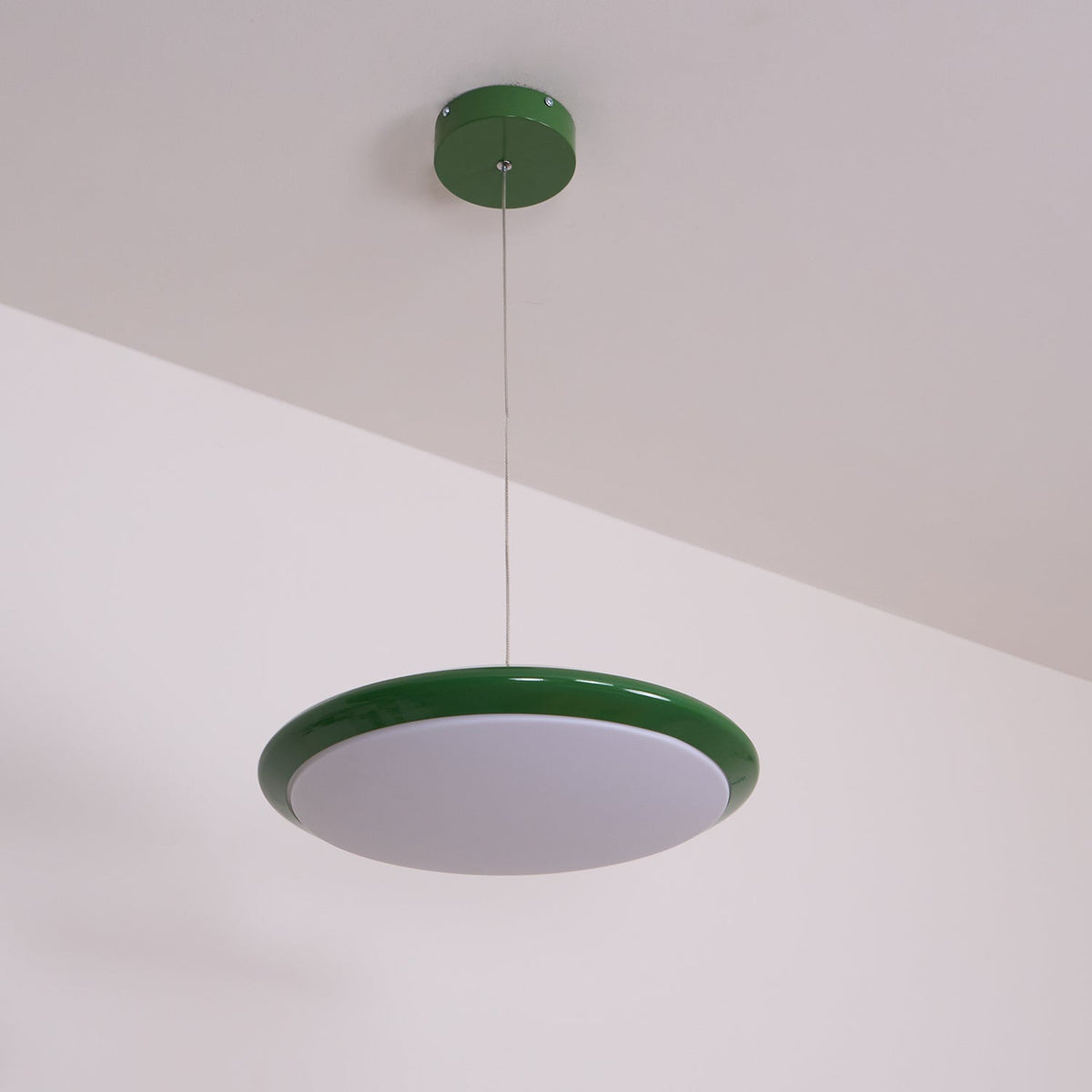 White Disc Shade Pendant Lamp With Integrated Led Green Trim