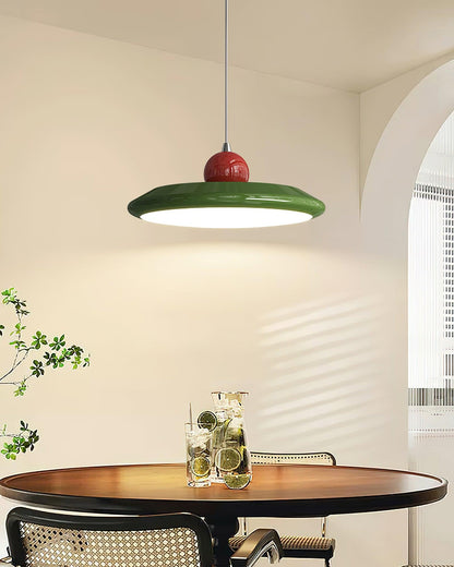 White Disc Shade Pendant Lamp With Integrated Led Green Trim