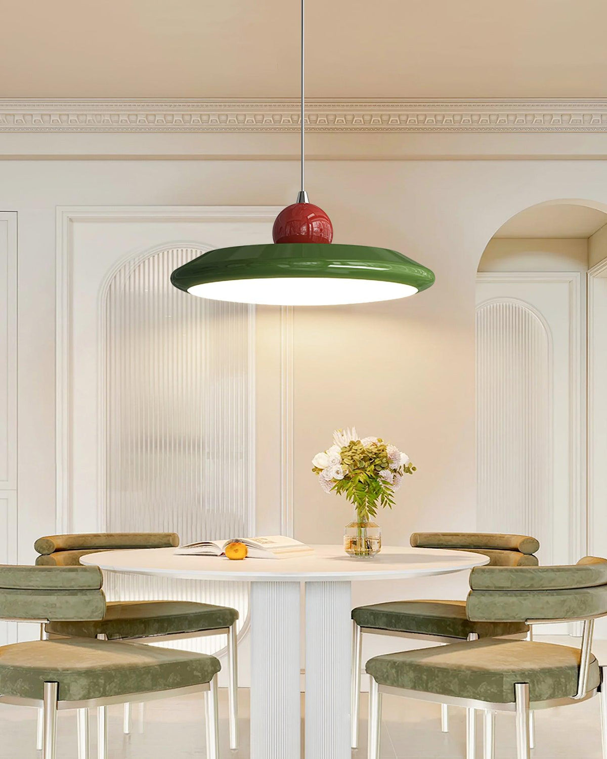 White Disc Shade Pendant Lamp With Integrated Led Green Trim