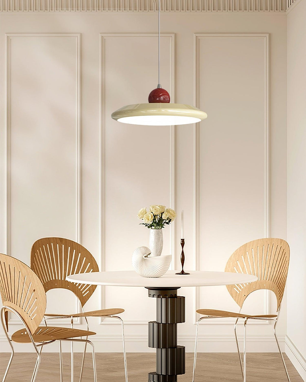 White Disc Shade Pendant Lamp With Integrated Led Green Trim