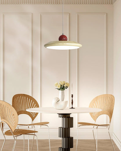 White Disc Shade Pendant Lamp With Integrated Led Green Trim
