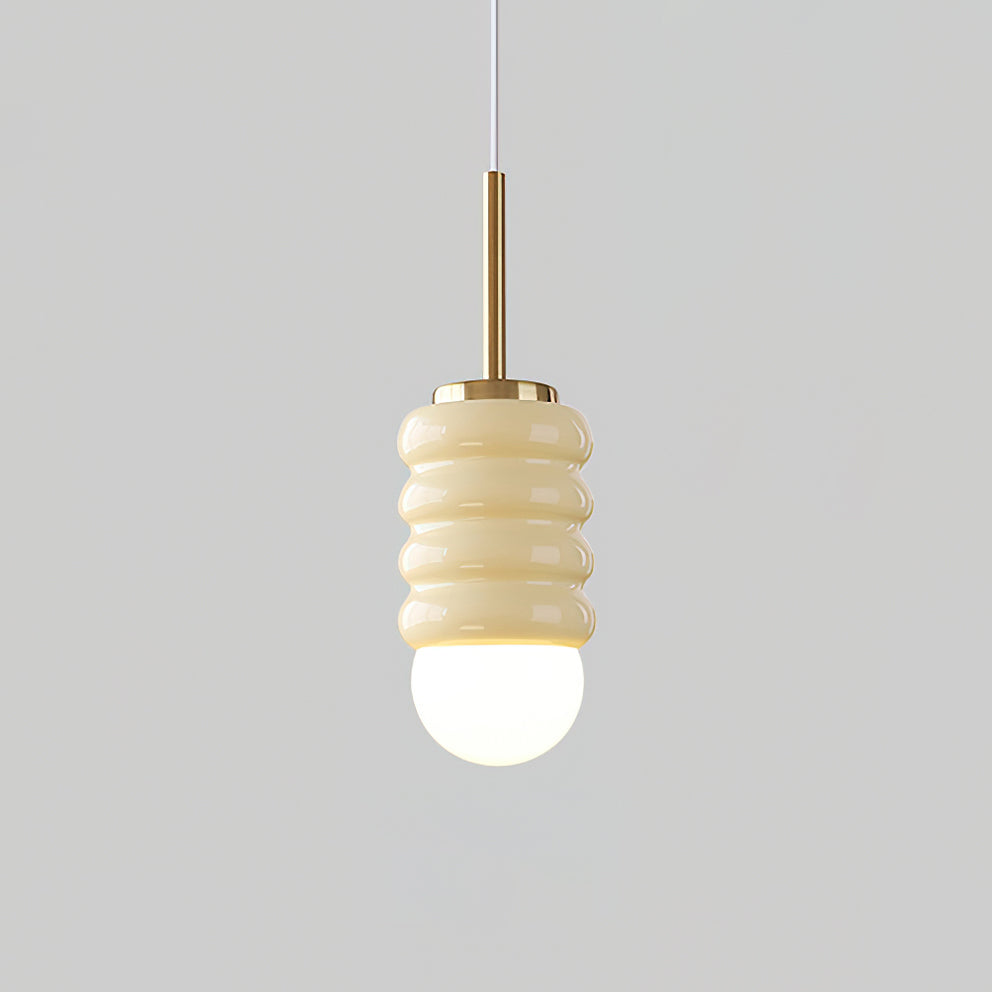 Ambient Glow Midcentury Ribbed Brass Ceramic Pendant Light