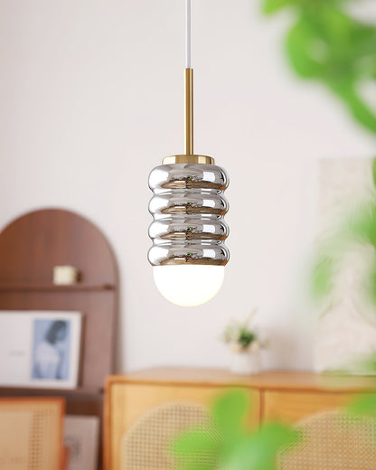Ambient Glow Midcentury Ribbed Brass Ceramic Pendant Light