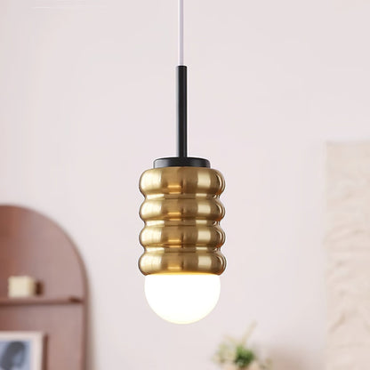 Ambient Glow Midcentury Ribbed Brass Ceramic Pendant Light