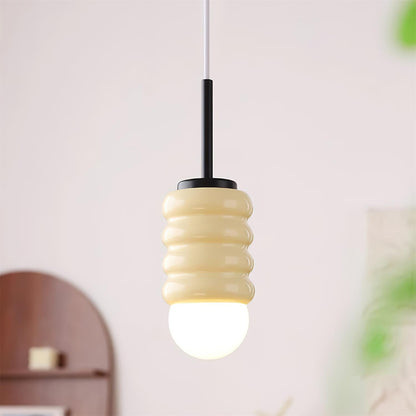 Ambient Glow Midcentury Ribbed Brass Ceramic Pendant Light