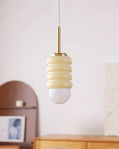Ambient Glow Midcentury Ribbed Brass Ceramic Pendant Light