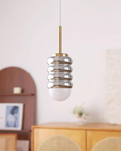 Ambient Glow Midcentury Ribbed Brass Ceramic Pendant Light