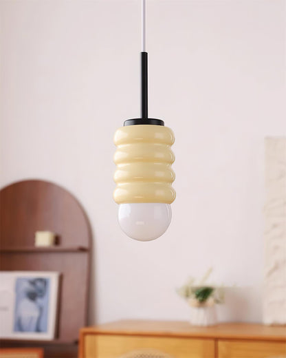 Ambient Glow Midcentury Ribbed Brass Ceramic Pendant Light