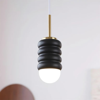 Ambient Glow Midcentury Ribbed Brass Ceramic Pendant Light