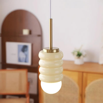 Ambient Glow Midcentury Ribbed Brass Ceramic Pendant Light