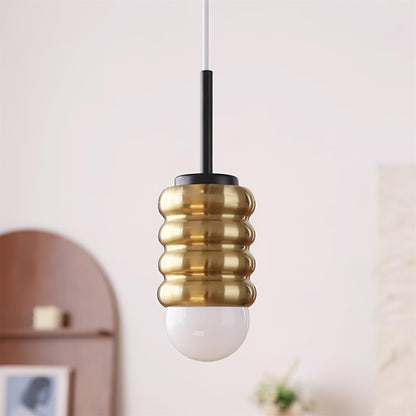 Ambient Glow Midcentury Ribbed Brass Ceramic Pendant Light