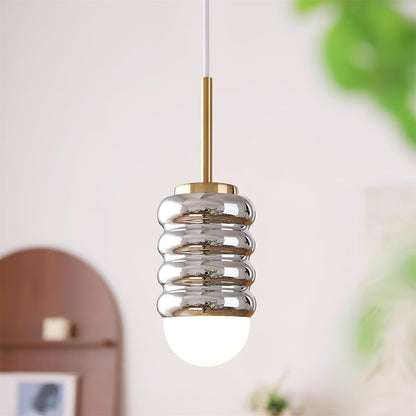 Ambient Glow Midcentury Ribbed Brass Ceramic Pendant Light