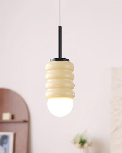 Ambient Glow Midcentury Ribbed Brass Ceramic Pendant Light