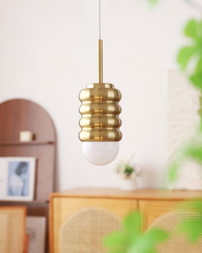 Ambient Glow Midcentury Ribbed Brass Ceramic Pendant Light