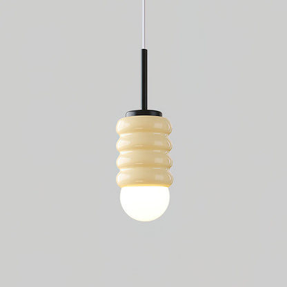 Ambient Glow Midcentury Ribbed Brass Ceramic Pendant Light