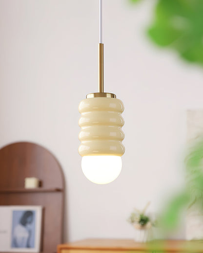 Ambient Glow Midcentury Ribbed Brass Ceramic Pendant Light