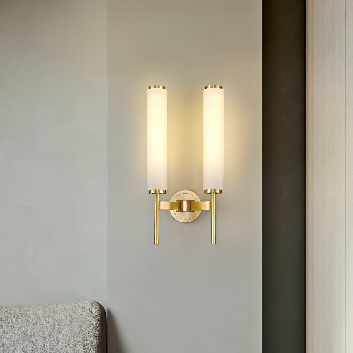 Alabaster Art Deco Wall Light Featuring Tall Opaque Glass Shade