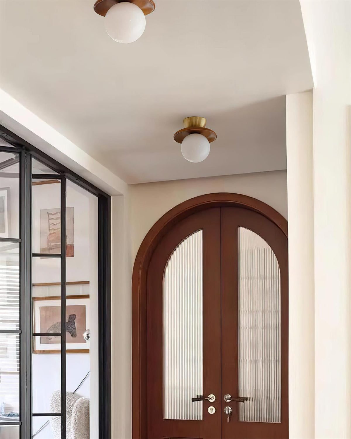 Flush Mount G9 Socket Brass And Walnut Opal Glass Globe Ceiling Light