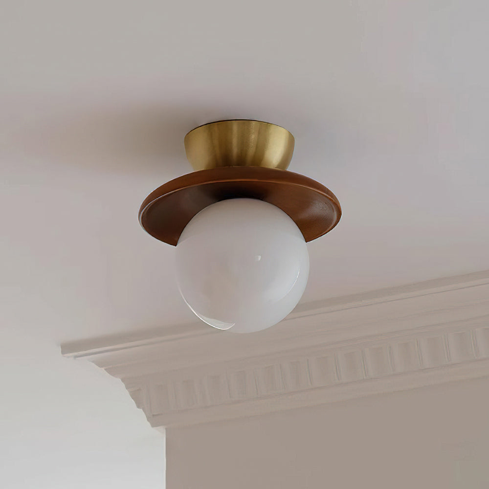 Flush Mount G9 Socket Brass And Walnut Opal Glass Globe Ceiling Light
