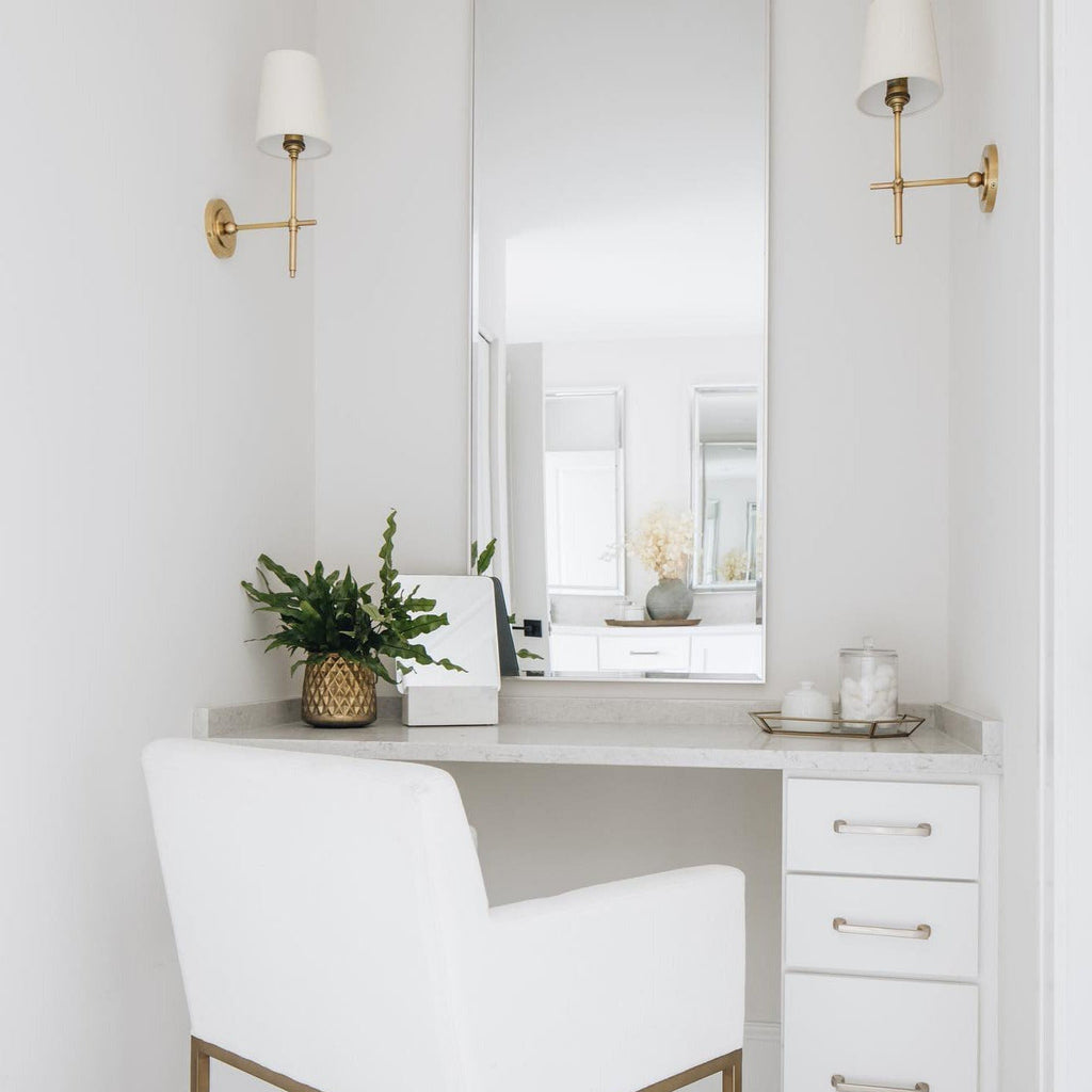 White Tapered Linen Shade Brass Wall Lamp