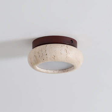 Flush Ceiling Light With Wood Accent Travertine Ring