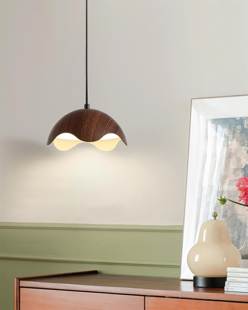 Ambient Glow Wave Metal Shade With Wood Grain Pendant Lamp