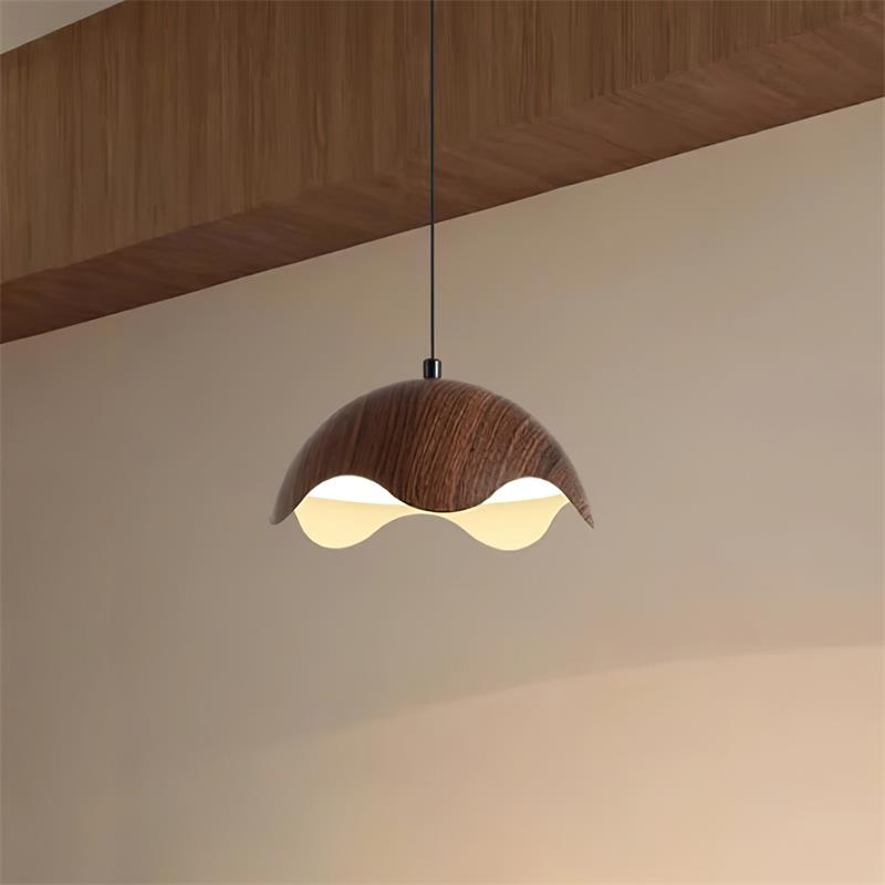 Ambient Glow Wave Metal Shade With Wood Grain Pendant Lamp