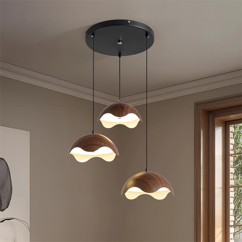 Ambient Glow Wave Metal Shade With Wood Grain Pendant Lamp