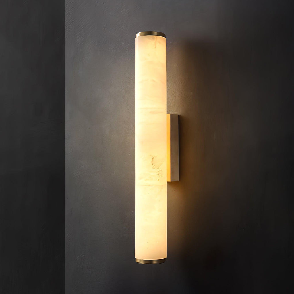 Brass Frame Vertical Cylindrical Alabaster Wall Lamp