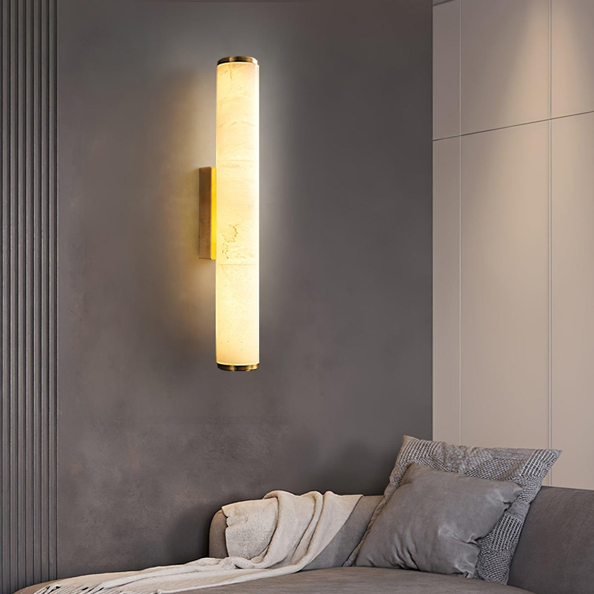 Brass Frame Vertical Cylindrical Alabaster Wall Lamp