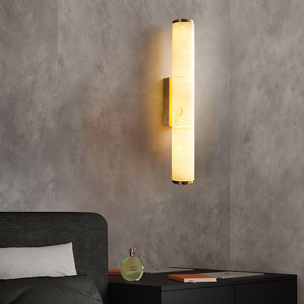 Brass Frame Vertical Cylindrical Alabaster Wall Lamp