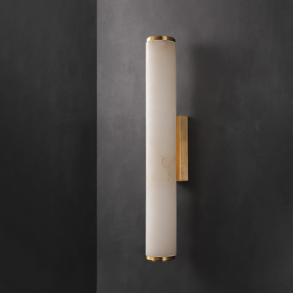 Brass Frame Vertical Cylindrical Alabaster Wall Lamp