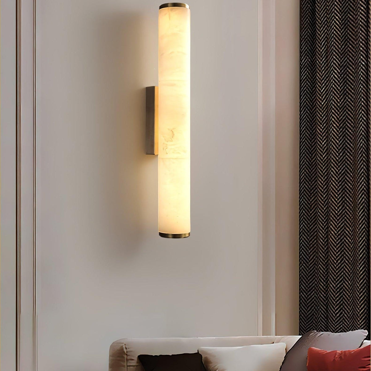 Brass Frame Vertical Cylindrical Alabaster Wall Lamp