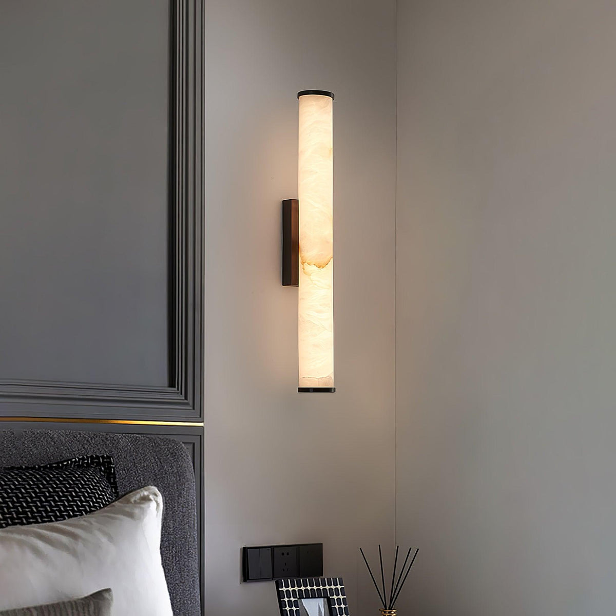 Brass Frame Vertical Cylindrical Alabaster Wall Lamp
