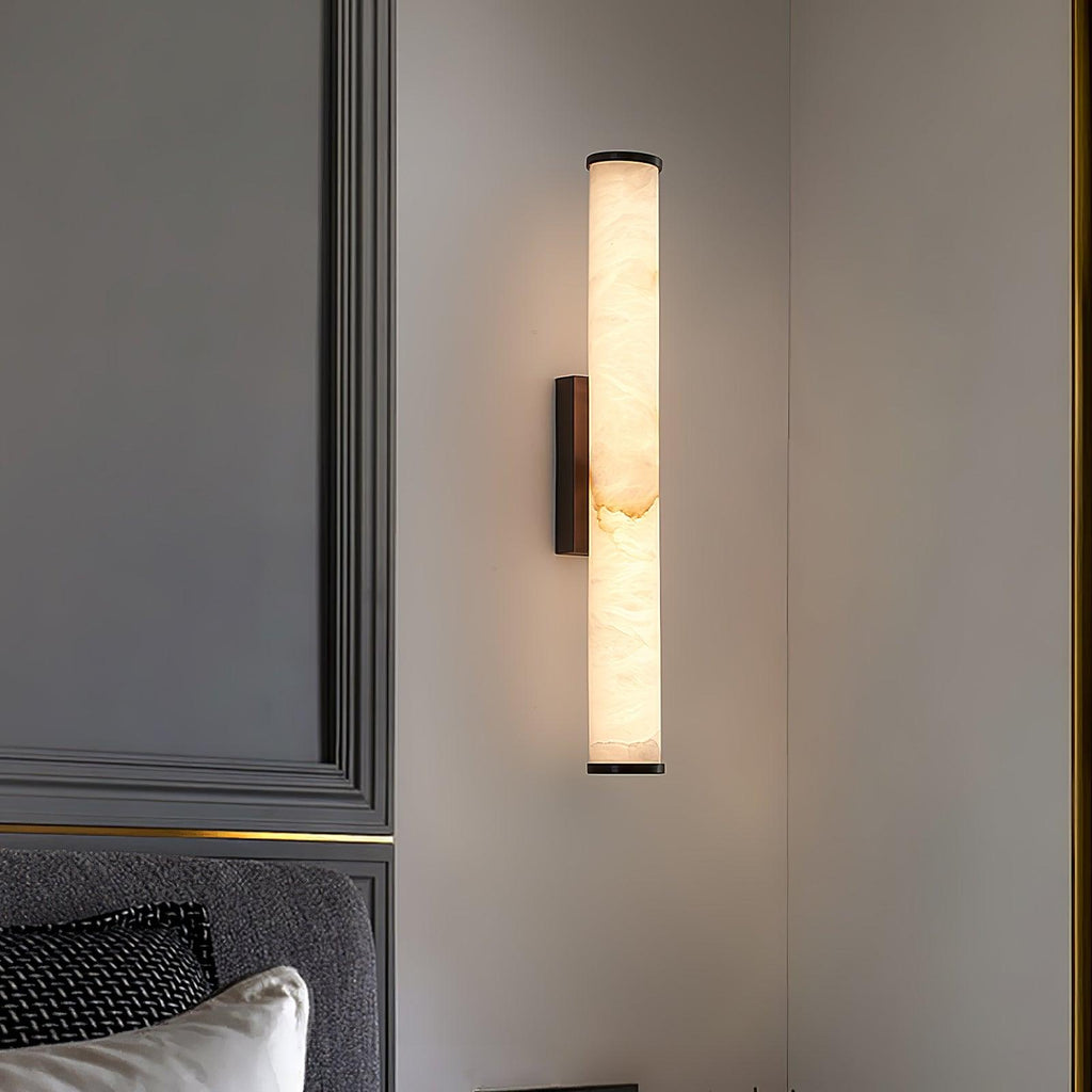 Brass Frame Vertical Cylindrical Alabaster Wall Lamp