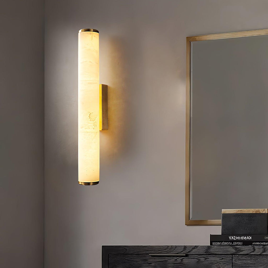 Brass Frame Vertical Cylindrical Alabaster Wall Lamp