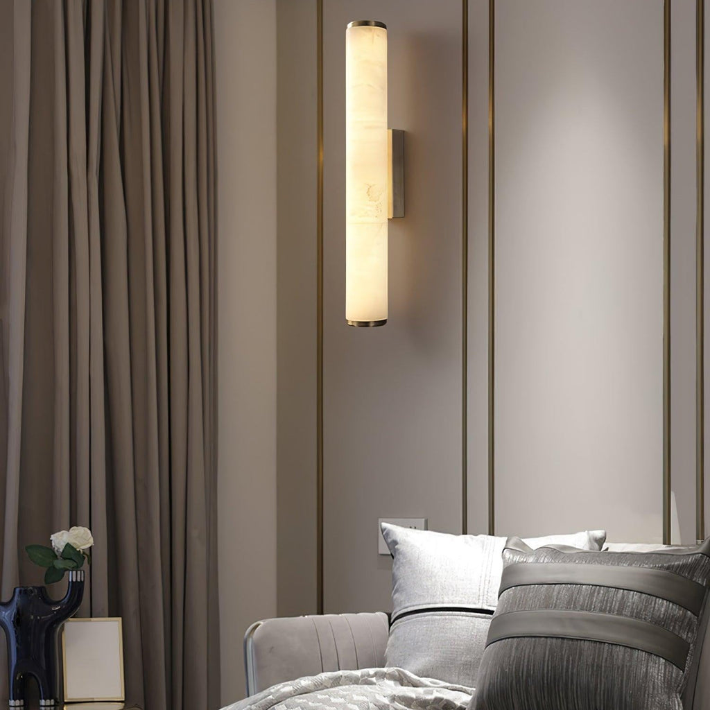 Brass Frame Vertical Cylindrical Alabaster Wall Lamp
