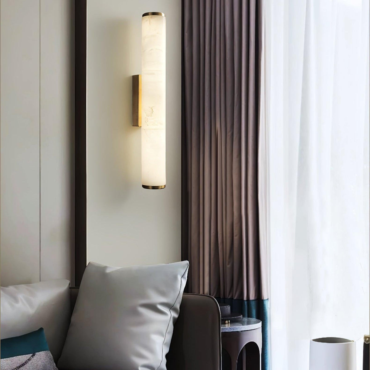 Brass Frame Vertical Cylindrical Alabaster Wall Lamp