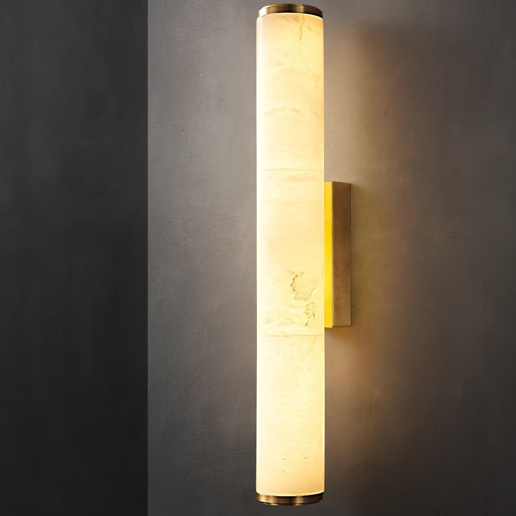Brass Frame Vertical Cylindrical Alabaster Wall Lamp