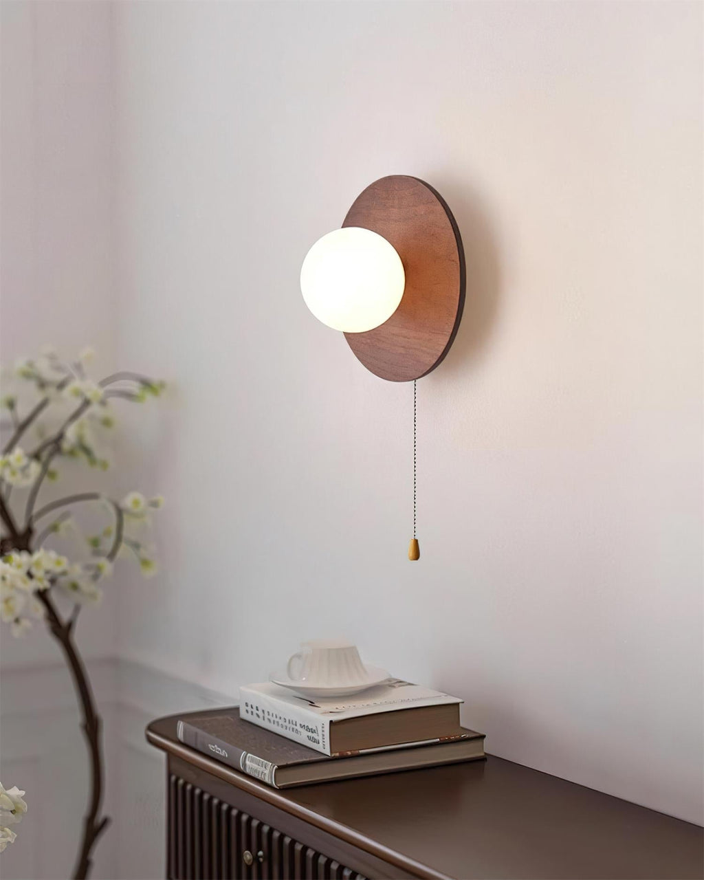 Glass Shade G9 Socket Hardwired Damp Rated Walnut Wood Wall Light