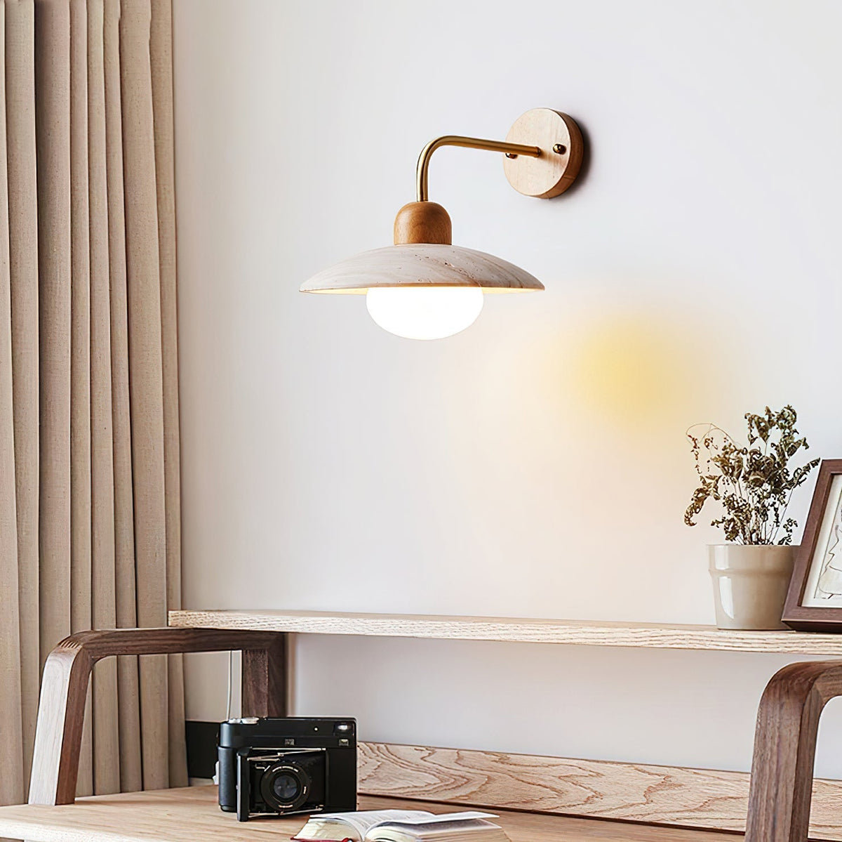 Brushed Brass Arm Aria Mid Century Travertine Wall Lamp