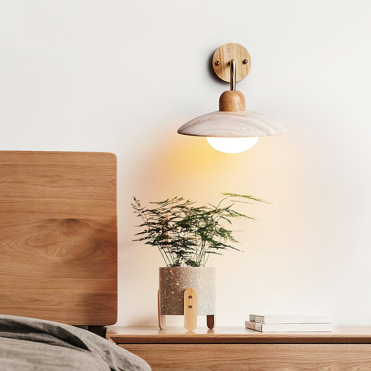 Brushed Brass Arm Aria Mid Century Travertine Wall Lamp