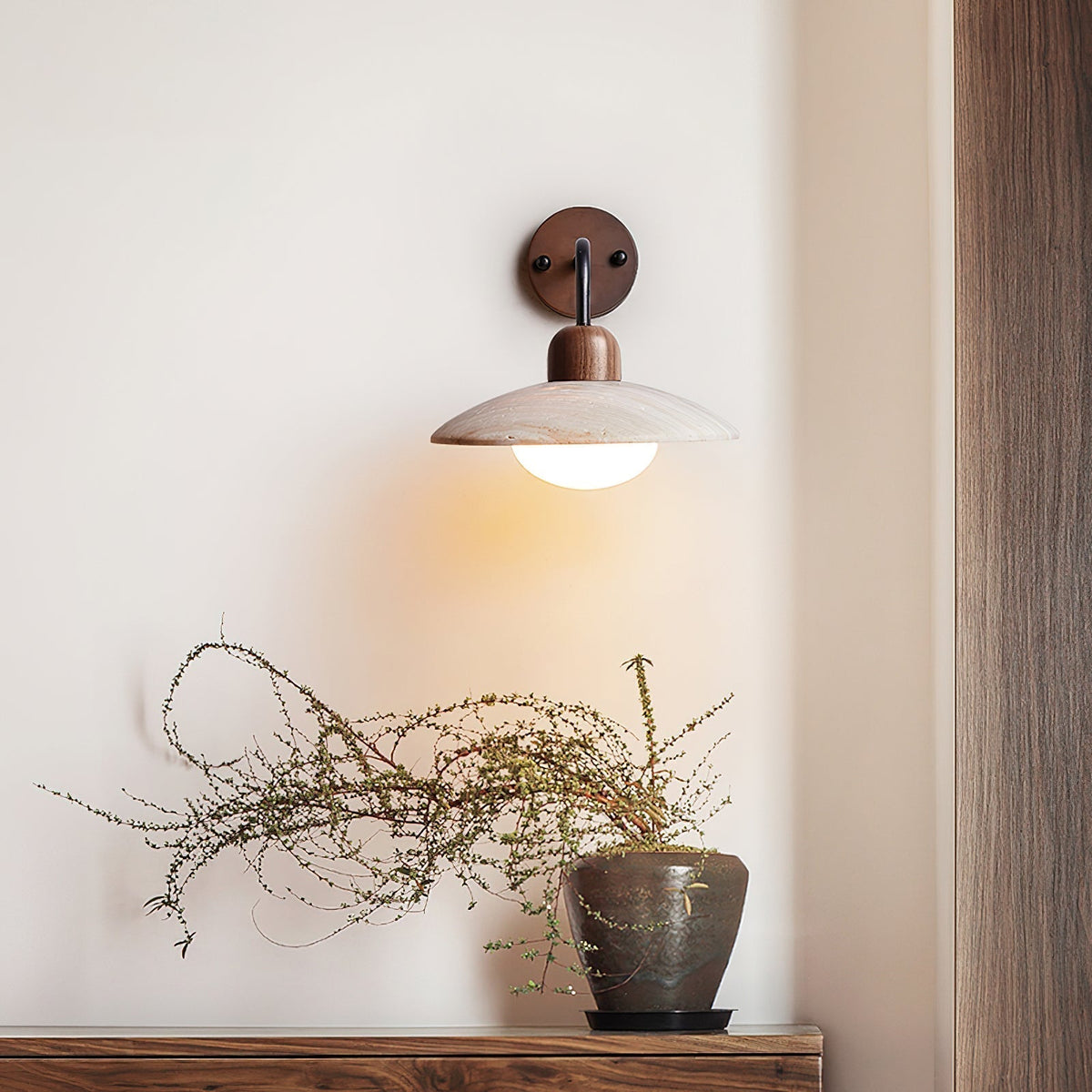 Brushed Brass Arm Aria Mid Century Travertine Wall Lamp