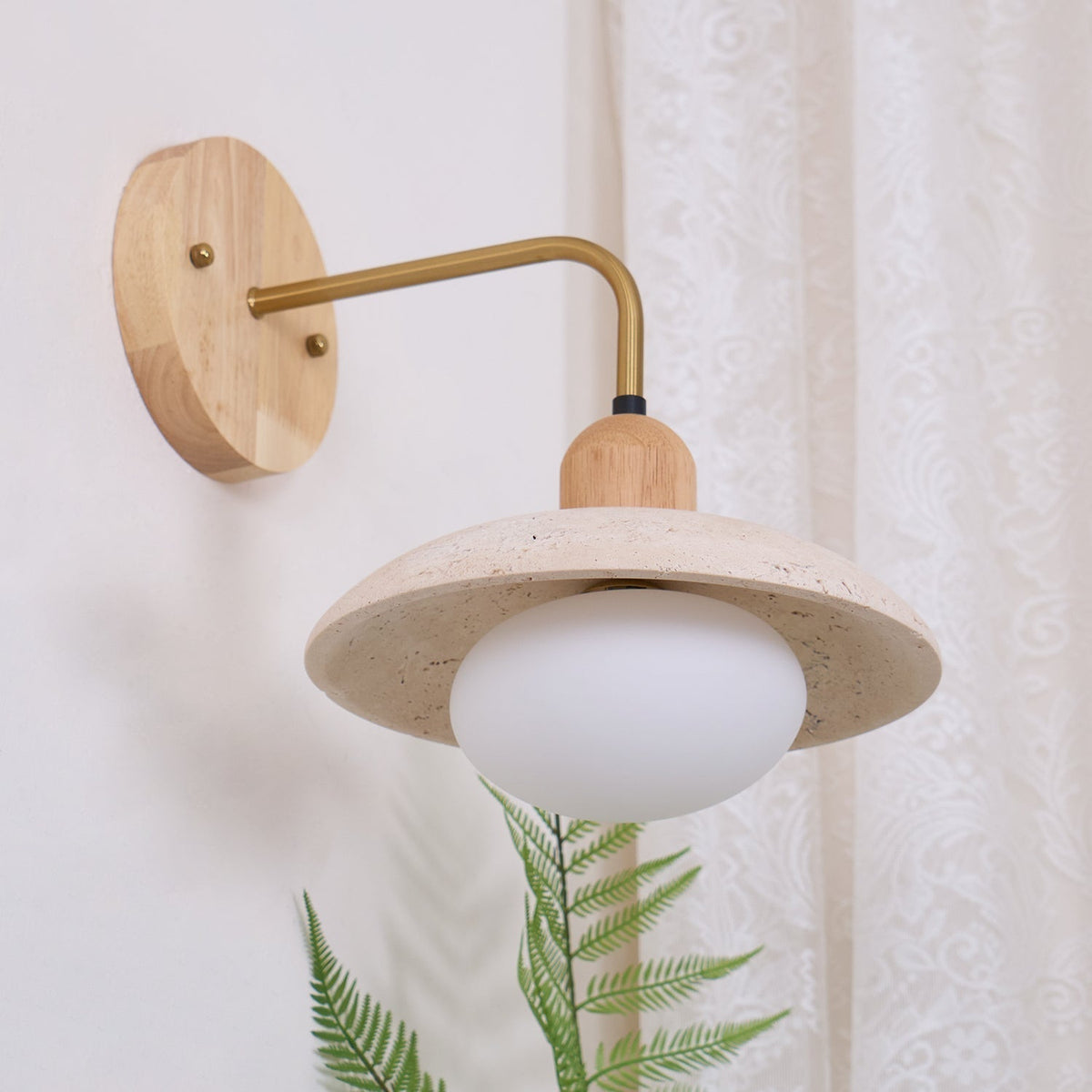 Brushed Brass Arm Aria Mid Century Travertine Wall Lamp